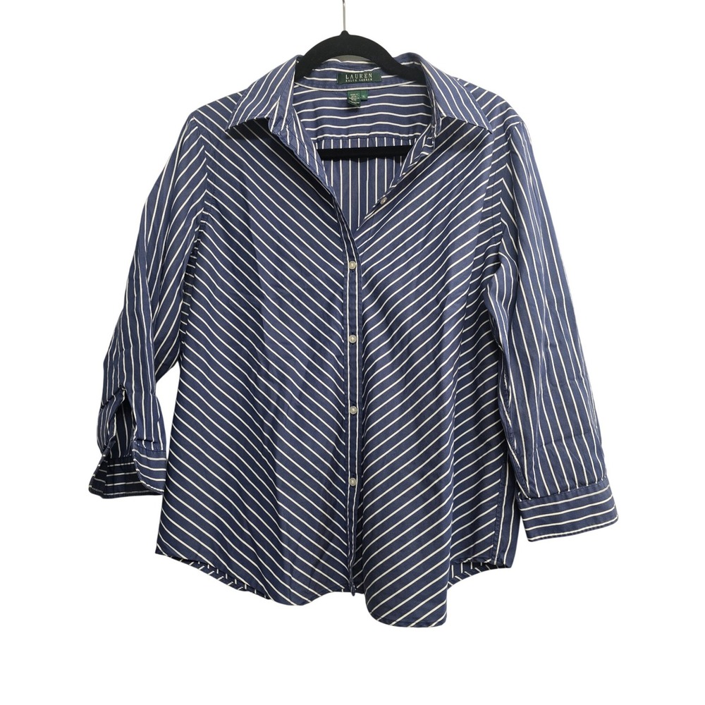 Lauren Ralph Lauren Blue White Striped Button Up Shirt XL Old Money Quiet Luxury